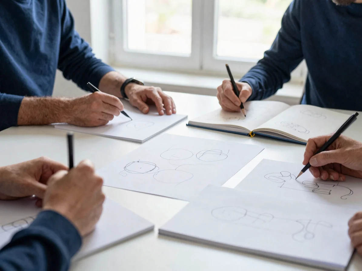 Adultes en atelier de travail collaboratif autour d'une table, ca
