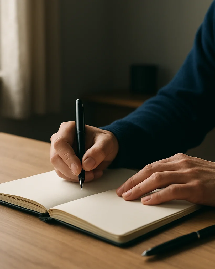 Carnet de notes ouvert sur une table en bois clair, stylo posé à